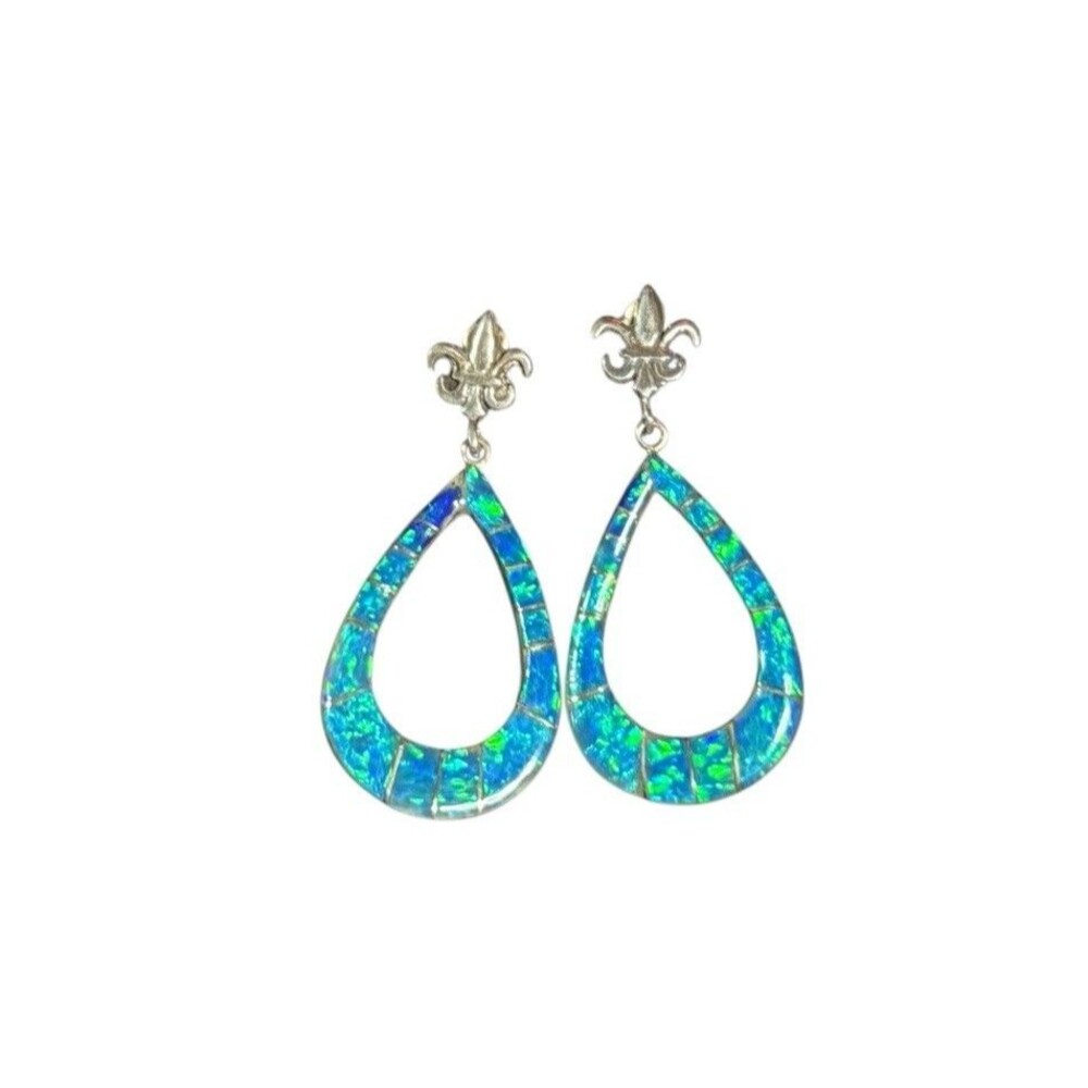 LMN Sterling Opal Fleur De Lis Oval Earrings Dangle Native American 925 Silver